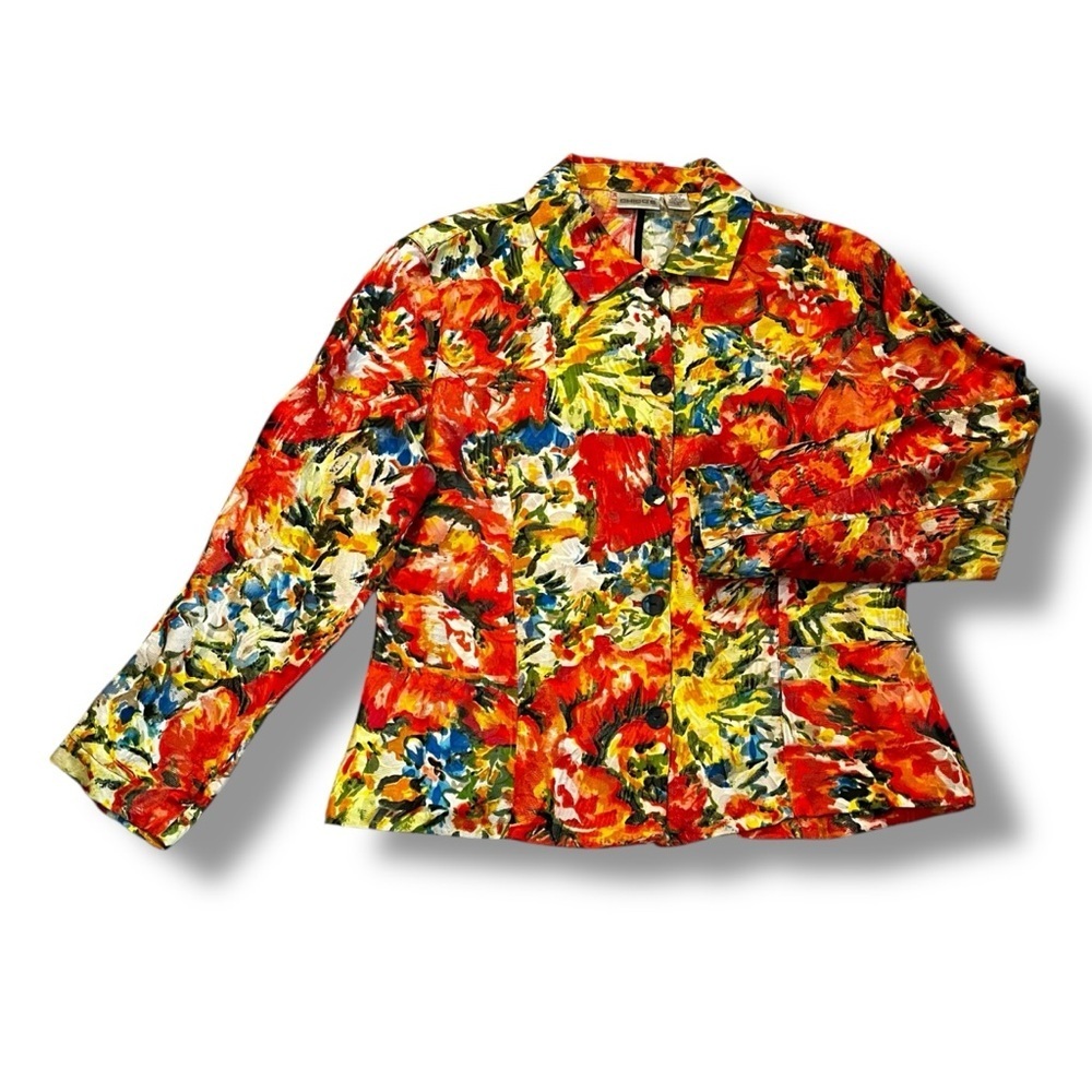 Chicos Jacket Medium Colorful Floral Print Pockets Lightweight Artsy Vintage